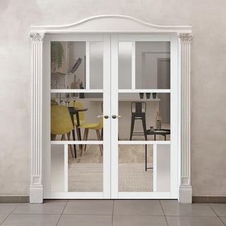 Image: Eco-Urban Arran 5 Pane Solid Wood Internal Door Pair UK Made DD6432G Clear Glass(2 FROSTED PANES) - Eco-Urban® Cloud White Premium Primed