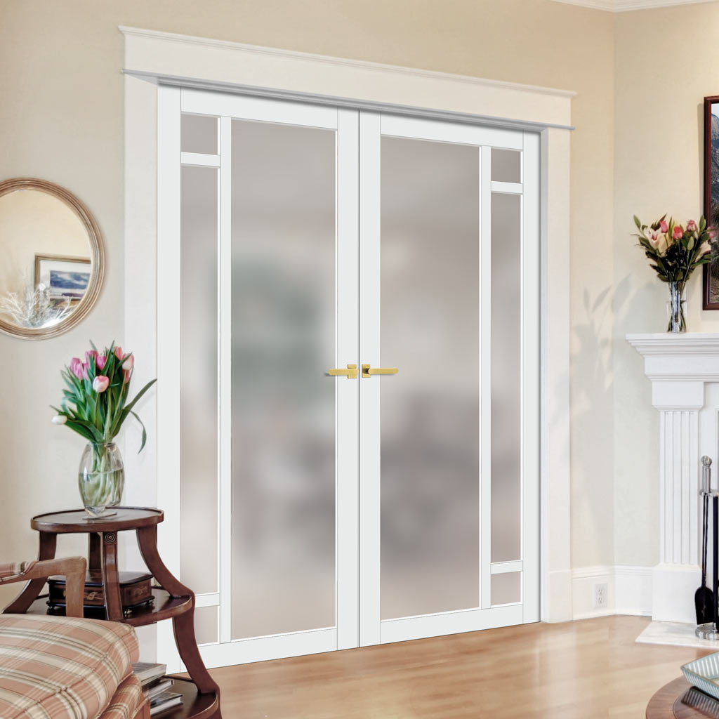 Eco-Urban Suburban 4 Pane Solid Wood Internal Door Pair UK Made DD6411SG Frosted Glass - Eco-Urban® Cloud White Premium Primed
