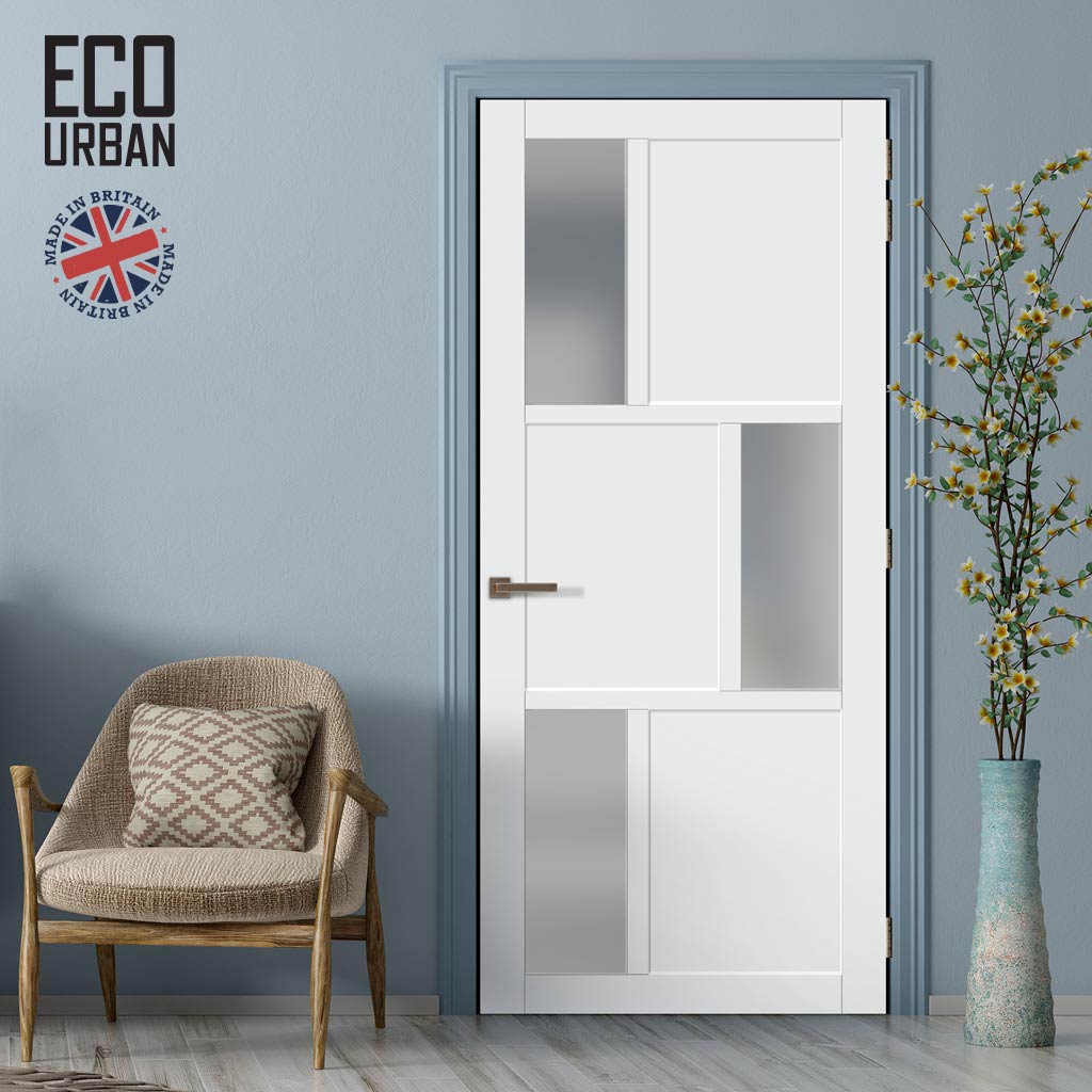 Handmade Eco-Urban Tokyo 3 Pane 3 Panel Solid Wood Internal Door UK Made DD6423SG Frosted Glass - Eco-Urban® Cloud White Premium Primed