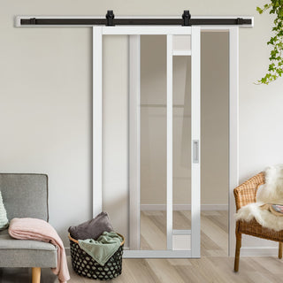 Image: Top Mounted Black Sliding Track & Solid Wood Door - Eco-Urban® Suburban 4 Pane Solid Wood Door DD6411G Clear Glass(2 FROSTED CORNER PANES)- Cloud White Premium Primed