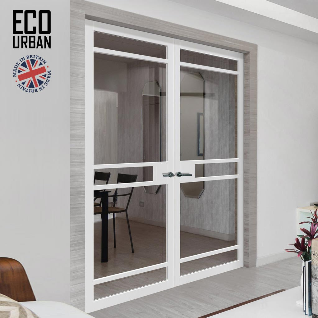 Sheffield 5 Pane Solid Wood Internal Door Pair UK Made DD6312G - Clear Glass - Eco-Urban® Cloud White Premium Primed