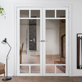 Image: Eco-Urban Sydney 5 Pane Solid Wood Internal Door Pair UK Made DD6417G Clear Glass - Eco-Urban® Cloud White Premium Primed