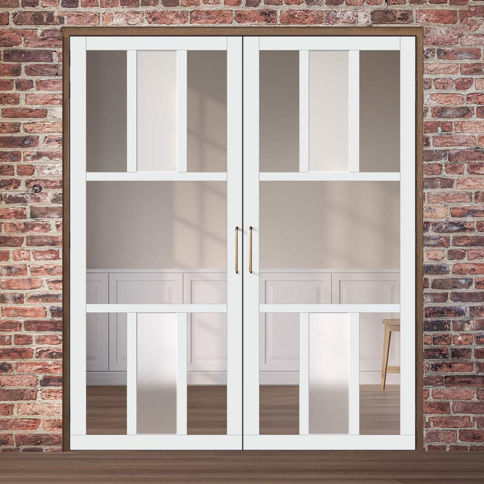 Eco-Urban Tasmania 7 Pane Solid Wood Internal Door Pair UK Made DD6425G Clear Glass(1 FROSTED PANE) - Eco-Urban® Cloud White Premium Primed