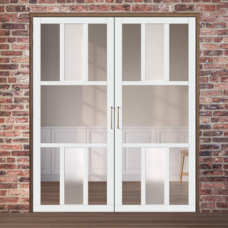 Image: Eco-Urban Tasmania 7 Pane Solid Wood Internal Door Pair UK Made DD6425G Clear Glass(1 FROSTED PANE) - Eco-Urban® Cloud White Premium Primed