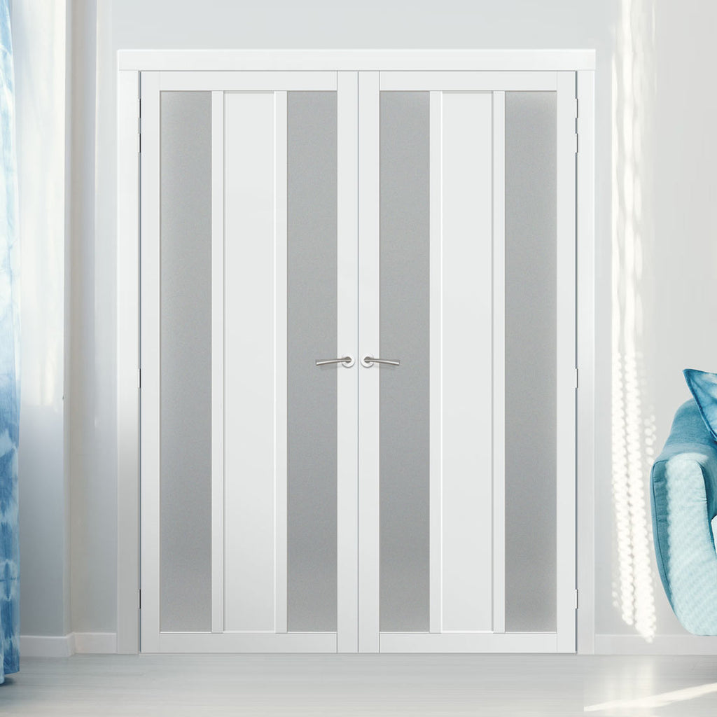 Eco-Urban Avenue 2 Pane 1 Panel Solid Wood Internal Door Pair UK Made DD6410SG Frosted Glass - Eco-Urban® Cloud White Premium Primed