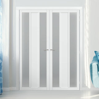 Image: Eco-Urban Avenue 2 Pane 1 Panel Solid Wood Internal Door Pair UK Made DD6410SG Frosted Glass - Eco-Urban® Cloud White Premium Primed