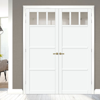 Image: Eco-Urban Lagos 3 Pane 3 Panel Solid Wood Internal Door Pair UK Made DD6427G Clear Glass - Eco-Urban® Cloud White Premium Primed