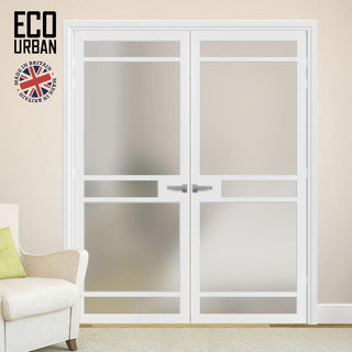 Image: Eco-Urban Sheffield 5 Pane Solid Wood Internal Door Pair UK Made DD6312SG - Frosted Glass - Eco-Urban® Cloud White Premium Primed