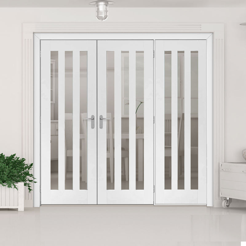 Room Divider - Utah 3 Pane Clear Glass White Primed Double Doors with Single Side