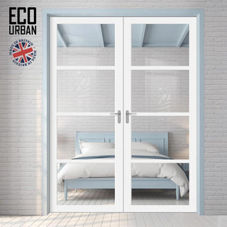 Image: Brooklyn 4 Pane Solid Wood Internal Door Pair UK Made DD6308G - Clear Glass - Eco-Urban® Cloud White Premium Primed