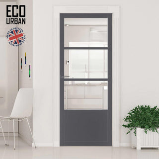 Image: Staten 3 Pane 1 Panel Solid Wood Internal Door UK Made DD6310G - Clear Glass - Eco-Urban® Stormy Grey Premium Primed