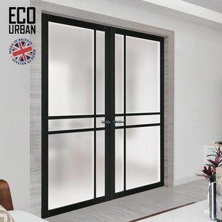 Image: Eco-Urban Glasgow 6 Pane Solid Wood Internal Door Pair UK Made DD6314SG - Frosted Glass - Eco-Urban® Shadow Black Premium Primed