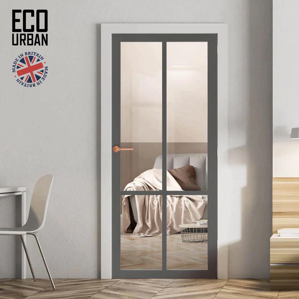 Bronx 4 Pane Solid Wood Internal Door UK Made DD6315G - Clear Glass - Eco-Urban® Stormy Grey Premium Primed