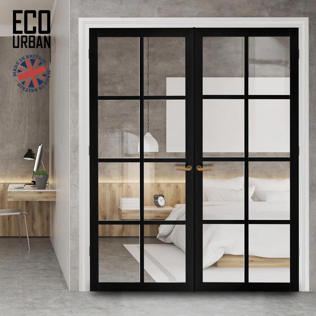 Perth 8 Pane Solid Wood Internal Door Pair UK Made DD6318G - Clear Glass - Eco-Urban® Shadow Black Premium Primed