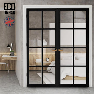Image: Perth 8 Pane Solid Wood Internal Door Pair UK Made DD6318G - Clear Glass - Eco-Urban® Shadow Black Premium Primed