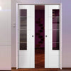 Portici White Double Evokit Pocket Doors - Clear Etched Glass - Aluminium Inlay - Prefinished