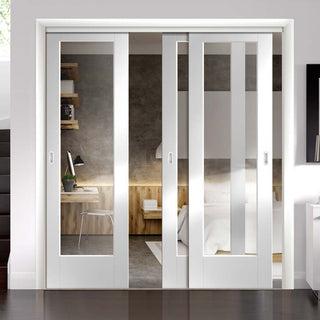 Image: Three Sliding Doors and Frame Kit - Pattern 10 1 Pane Door - Clear Glass - White Primed