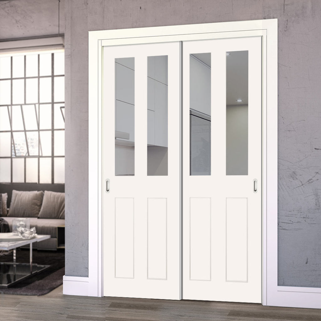 Pass-Easi Two Sliding Doors and Frame Kit - Eton White Primed Victorian Shaker Door - Clear Glass