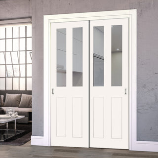 Image: Pass-Easi Two Sliding Doors and Frame Kit - Eton White Primed Victorian Shaker Door - Clear Glass