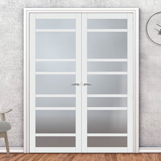 Image: Eco-Urban Metropolitan 7 Pane Solid Wood Internal Door Pair UK Made DD6405SG Frosted Glass - Eco-Urban® Cloud White Premium Primed