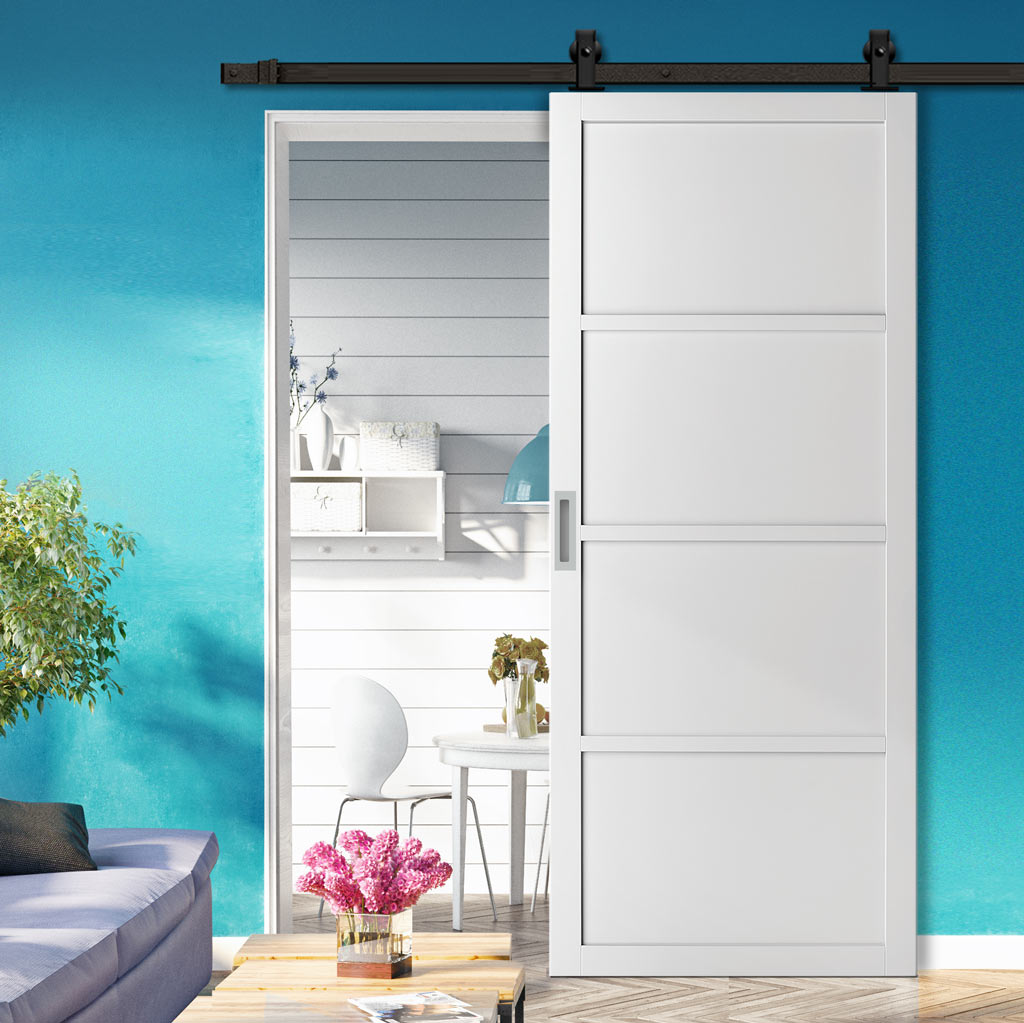 Top Mounted Black Sliding Track & Solid Wood Door - Eco-Urban® Brooklyn 4 Panel Solid Wood Door DD6307 - Cloud White Premium Primed