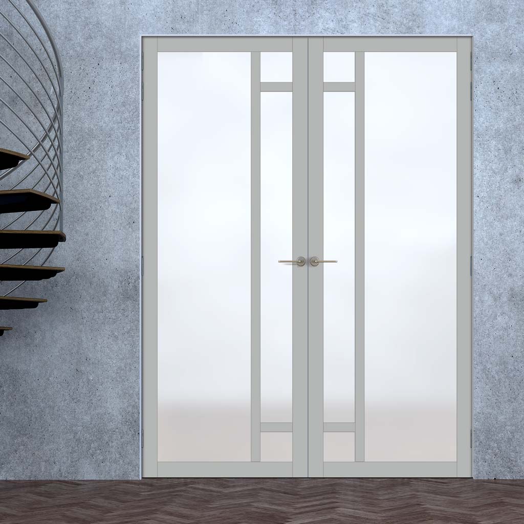 Handmade Eco-Urban Suburban 4 Pane Door Pair DD6411SG Frosted Glass - Light Grey Premium Primed