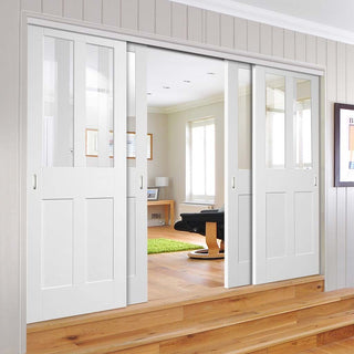 Image: Four Sliding Doors and Frame Kit - Malton Shaker Door - Clear Glass - White Primed