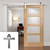 Single Sliding Door & Stainless Steel Barn Track - Shaker Oak 4 Pane Door - Clear Glass - Prefinished