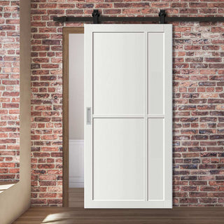Image: Top Mounted Black Sliding Track & Solid Wood Door - Eco-Urban® Marfa 4 Panel Solid Wood Door DD6313 - Cloud White Premium Primed