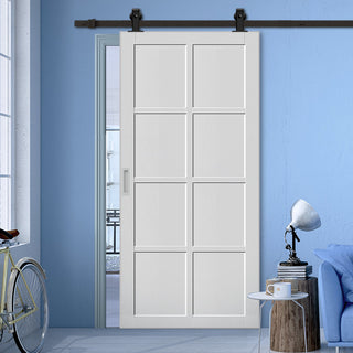 Image: Top Mounted Black Sliding Track & Solid Wood Door - Eco-Urban® Perth 8 Panel Solid Wood Door DD6318 - Cloud White Premium Primed
