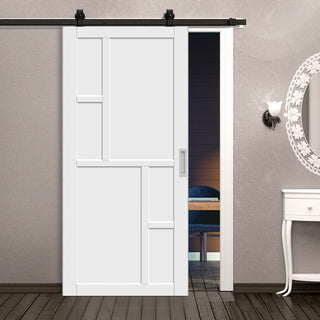 Image: Top Mounted Black Sliding Track & Solid Wood Door - Eco-Urban® Cairo 6 Panel Solid Wood Door DD6419 - Cloud White Premium Primed