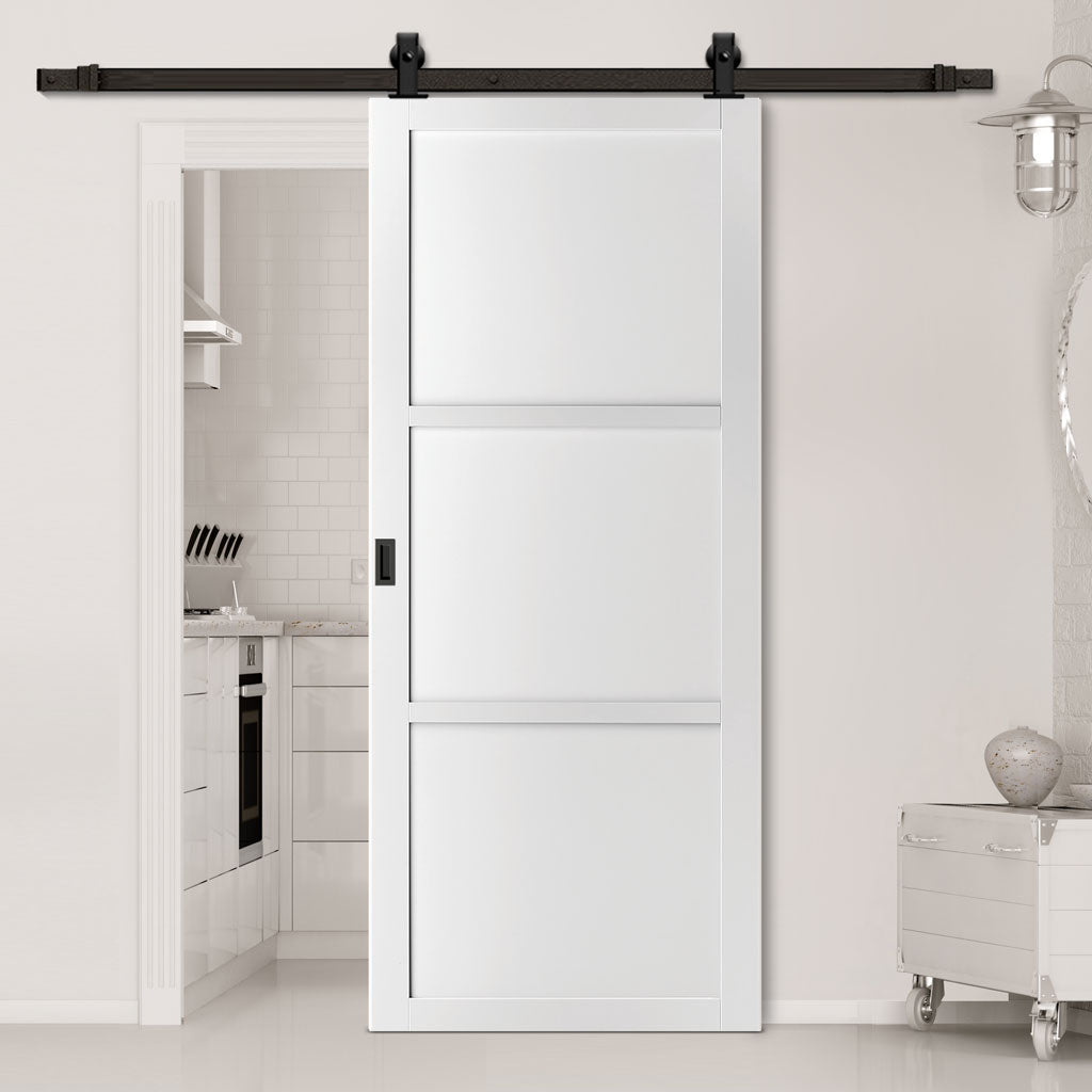 Top Mounted Black Sliding Track & Solid Wood Door - Eco-Urban® Manchester 3 Panel Solid Wood Door DD6305 - Cloud White Premium Primed