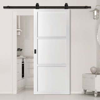 Image: Top Mounted Black Sliding Track & Solid Wood Door - Eco-Urban® Manchester 3 Panel Solid Wood Door DD6305 - Cloud White Premium Primed