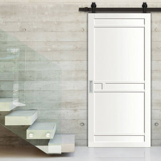 Image: Top Mounted Black Sliding Track & Solid Wood Door - Eco-Urban® Sheffield 5 Panel Solid Wood Door DD6312 - Cloud White Premium Primed