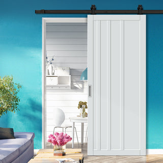 Image: Top Mounted Black Sliding Track & Solid Wood Door - Eco-Urban® Malmo 4 Panel Solid Wood Door DD6401 - Cloud White Premium Primed
