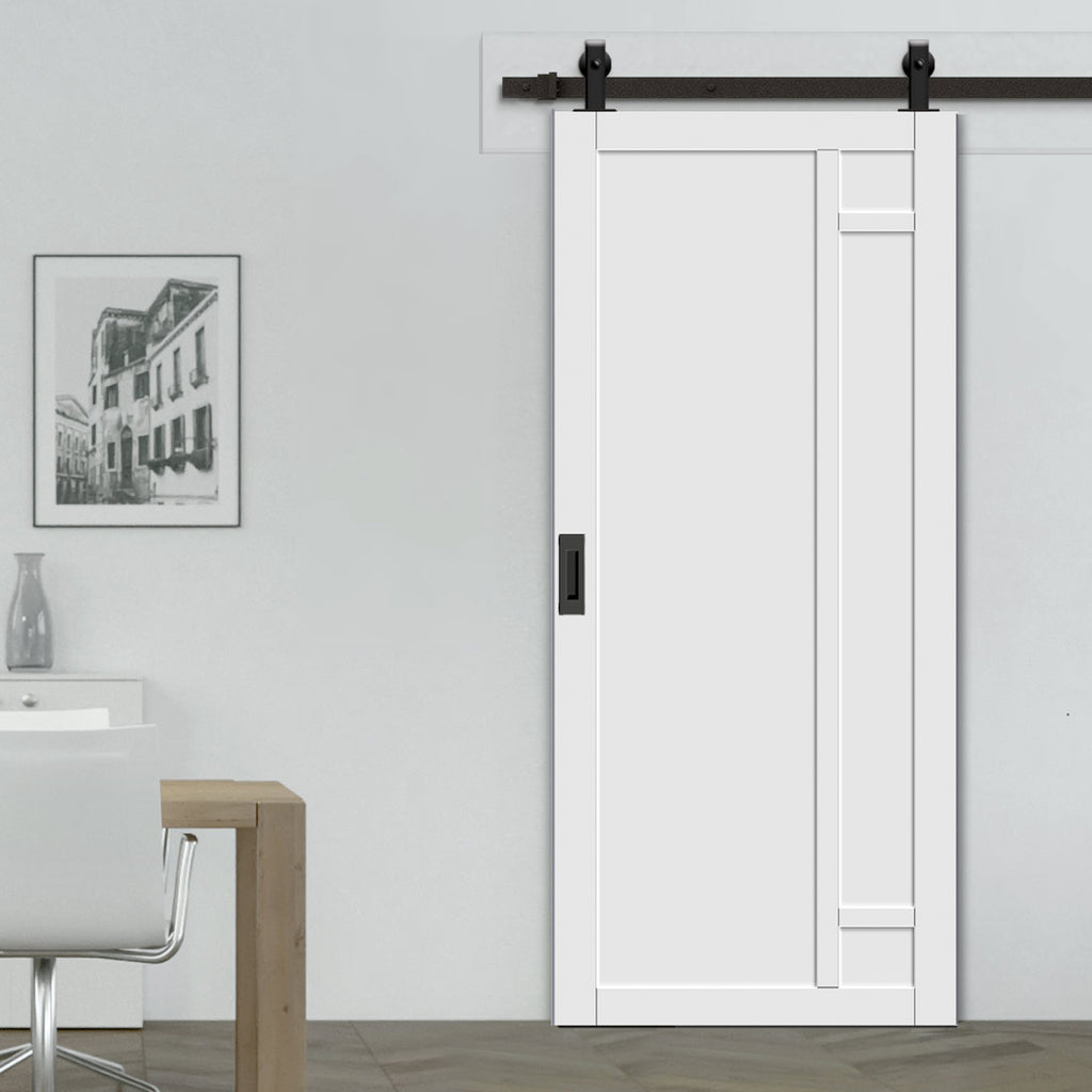 Top Mounted Black Sliding Track & Solid Wood Door - Eco-Urban® Suburban 4 Panel Solid Wood Door DD6411 - Cloud White Premium Primed