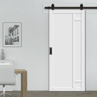 Image: Top Mounted Black Sliding Track & Solid Wood Door - Eco-Urban® Suburban 4 Panel Solid Wood Door DD6411 - Cloud White Premium Primed