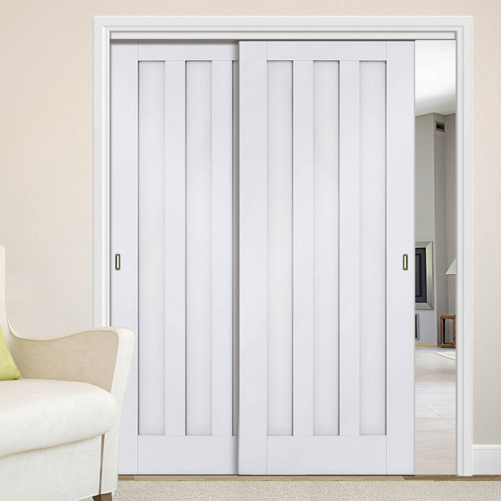 Two Sliding Doors and Frame Kit - Idaho 3 Panel Door - White Primed