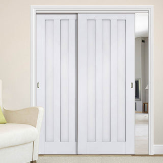 Image: Two Sliding Doors and Frame Kit - Idaho 3 Panel Door - White Primed