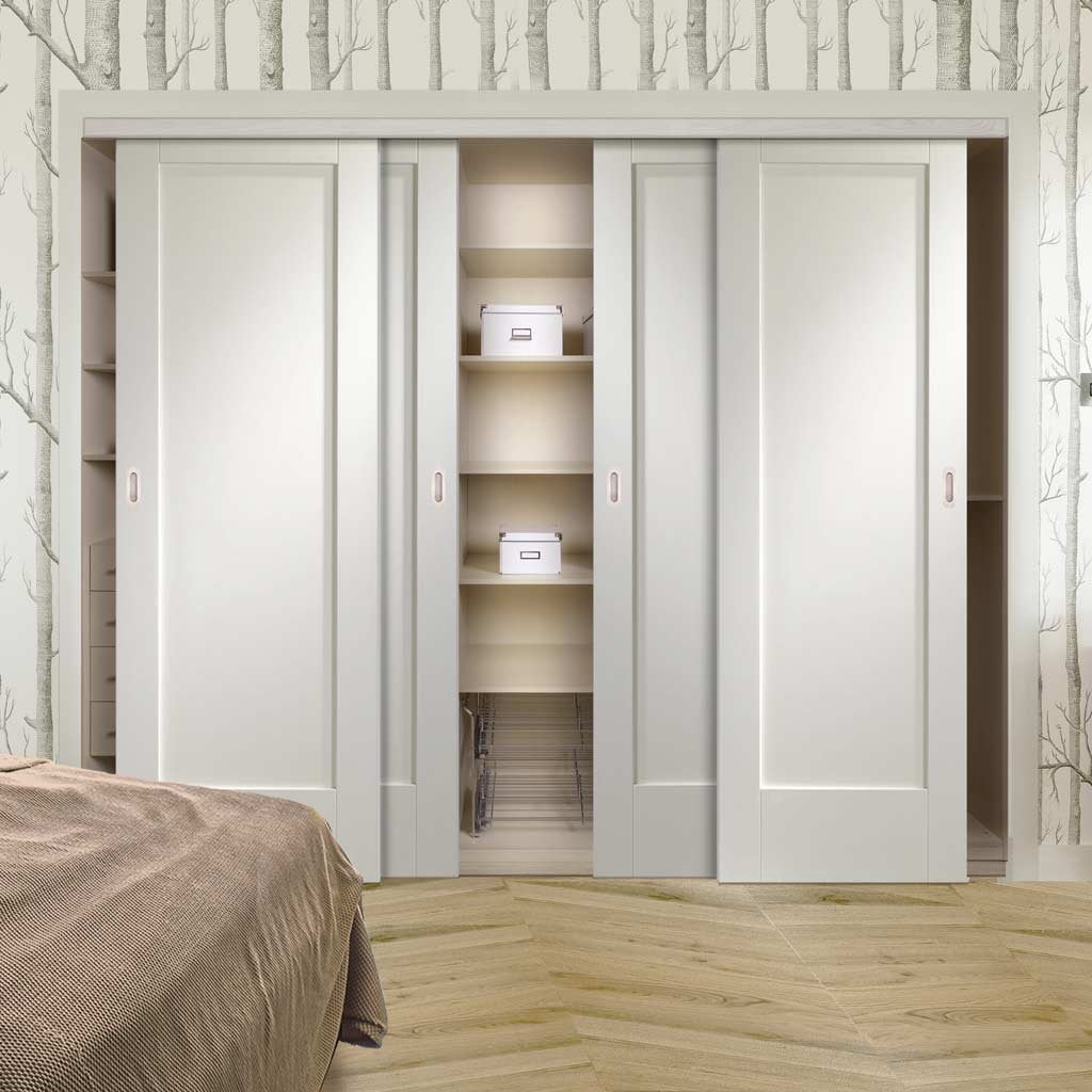 Four Sliding Wardrobe Doors & Frame Kit - Pattern 10 Style 1 Panel Door - White Primed