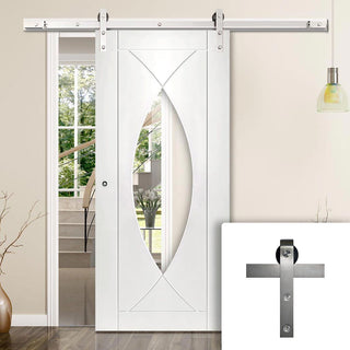 Image: Single Sliding Door & Stainless Steel Barn Track - Pesaro Flush Door - Clear Glass - White Primed