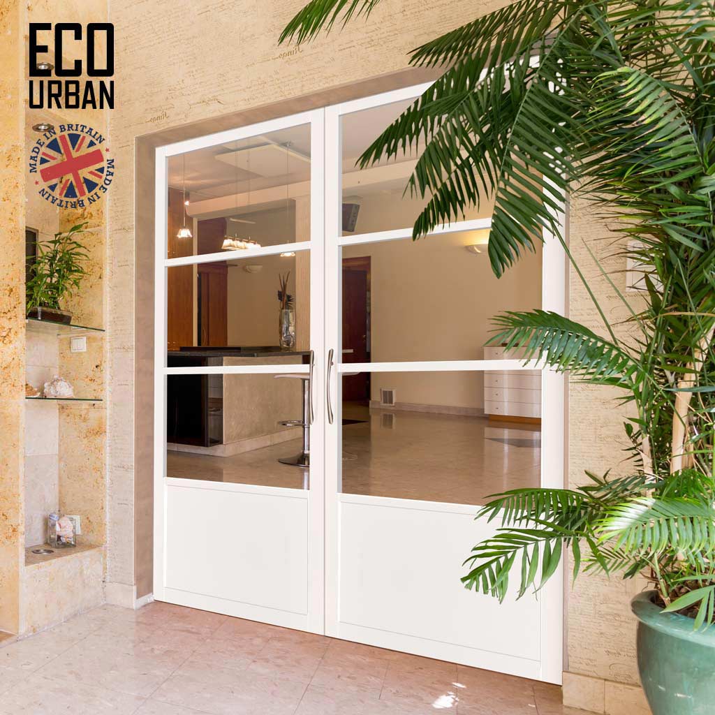 Staten 3 Pane 1 Panel Solid Wood Internal Door Pair UK Made DD6310G - Clear Glass - Eco-Urban® Cloud White Premium Primed