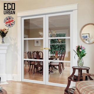Image: Manchester 3 Pane Solid Wood Internal Door Pair UK Made DD6306G - Clear Glass - Eco-Urban® Cloud White Premium Primed