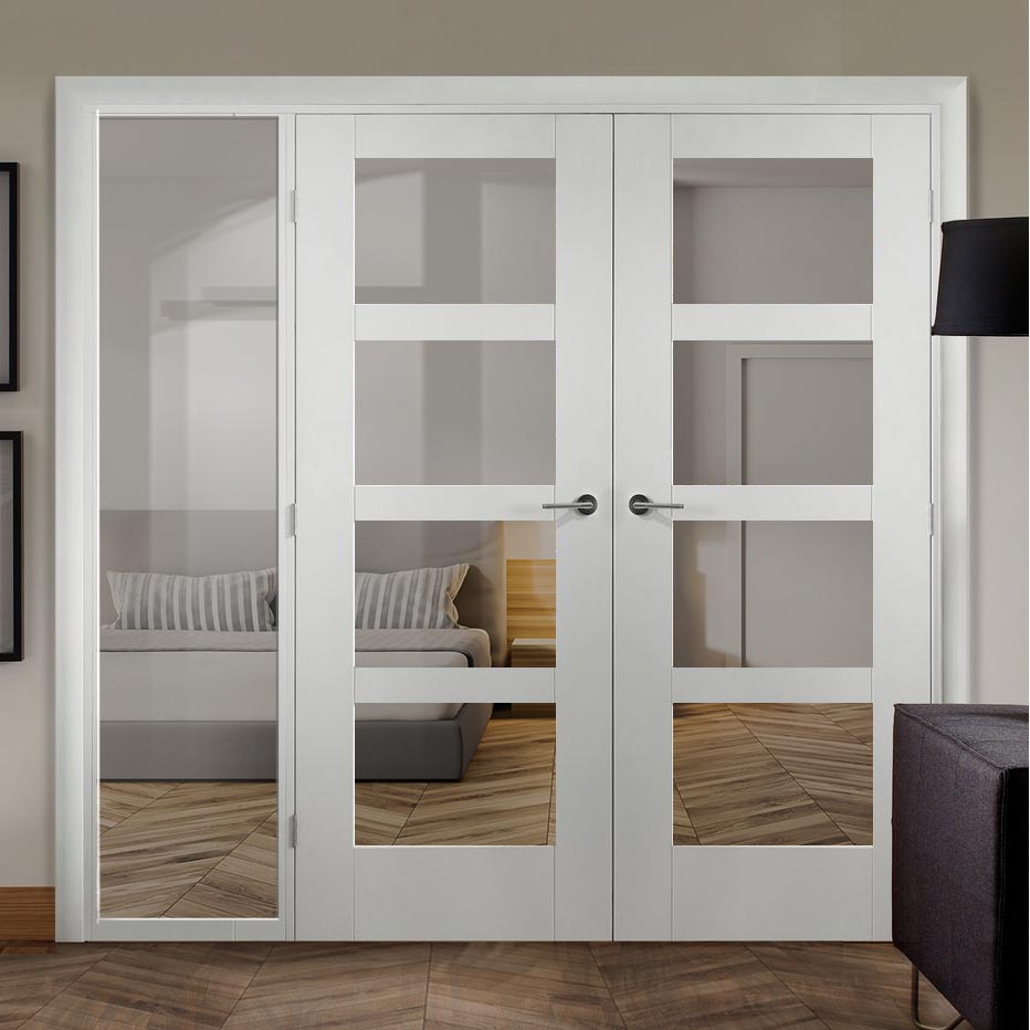 ThruEasi White Room Divider - Shaker Clear Glass Primed Door Pair with Full Glass Side