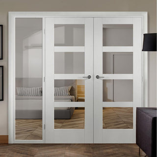 Image: ThruEasi White Room Divider - Shaker Clear Glass Primed Door Pair with Full Glass Side