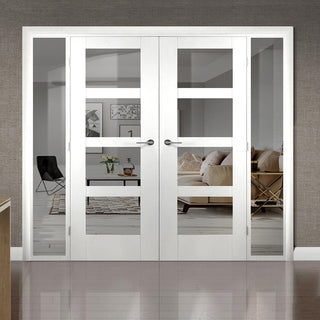 Image: ThruEasi White Room Divider - Shaker Clear Glass Primed Door Pair with Full Glass Sides