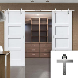 Image: Double Sliding Door & Stainless Steel Barn Track - Shaker 4 Panel Doors - White Primed