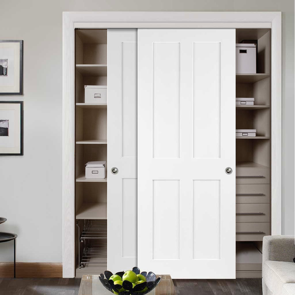 Two Sliding Maximal Wardrobe Doors & Frame Kit - Victorian Shaker 4 Panel Door - White Primed