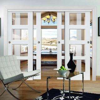 Image: Four Sliding Doors and Frame Kit - Shaker 4L Door - Clear Glass - White Primed