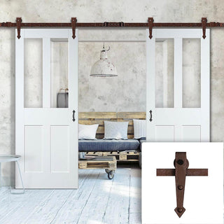 Image: Double Sliding Door & Arrowhead Antique Rust Track - Malton Shaker Door - Clear Glass - White Primed